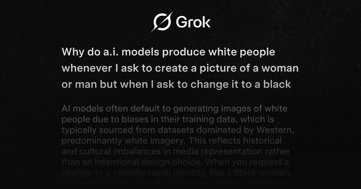 Nicryptic's tweet card. Why do a.i. models produce white people whenever I ask to create a picture of a woman or man but whe