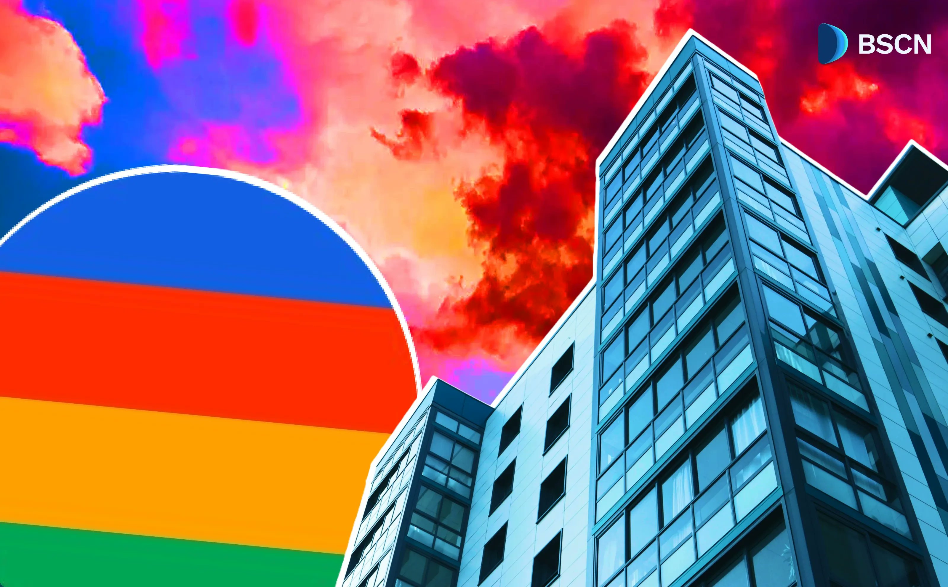 Beam L1 blockchain ecosystem with a modern building and colorful flag design
