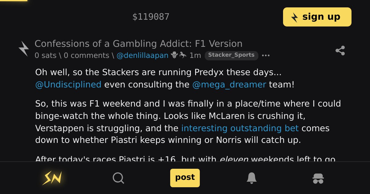 stacker_news's tweet card. Oh well, so the Stackers are running Predyx these days... @Undisciplined even consulting the @mega_dreamer team! So, this was F1 weekend and I was finally in a place/time where I could binge-watch...