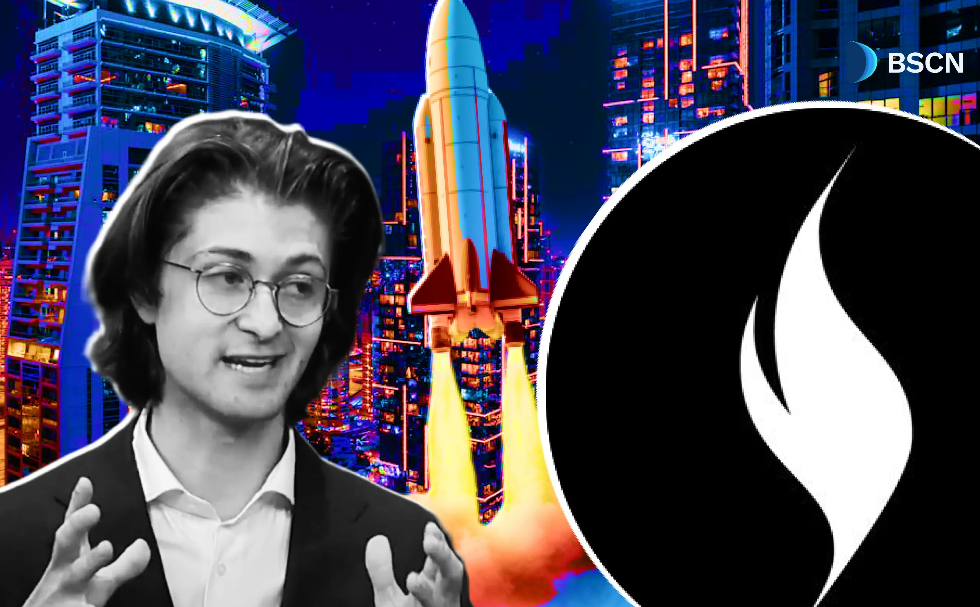 XION rocket launch over a futuristic cityscape with Burnt Banksy
