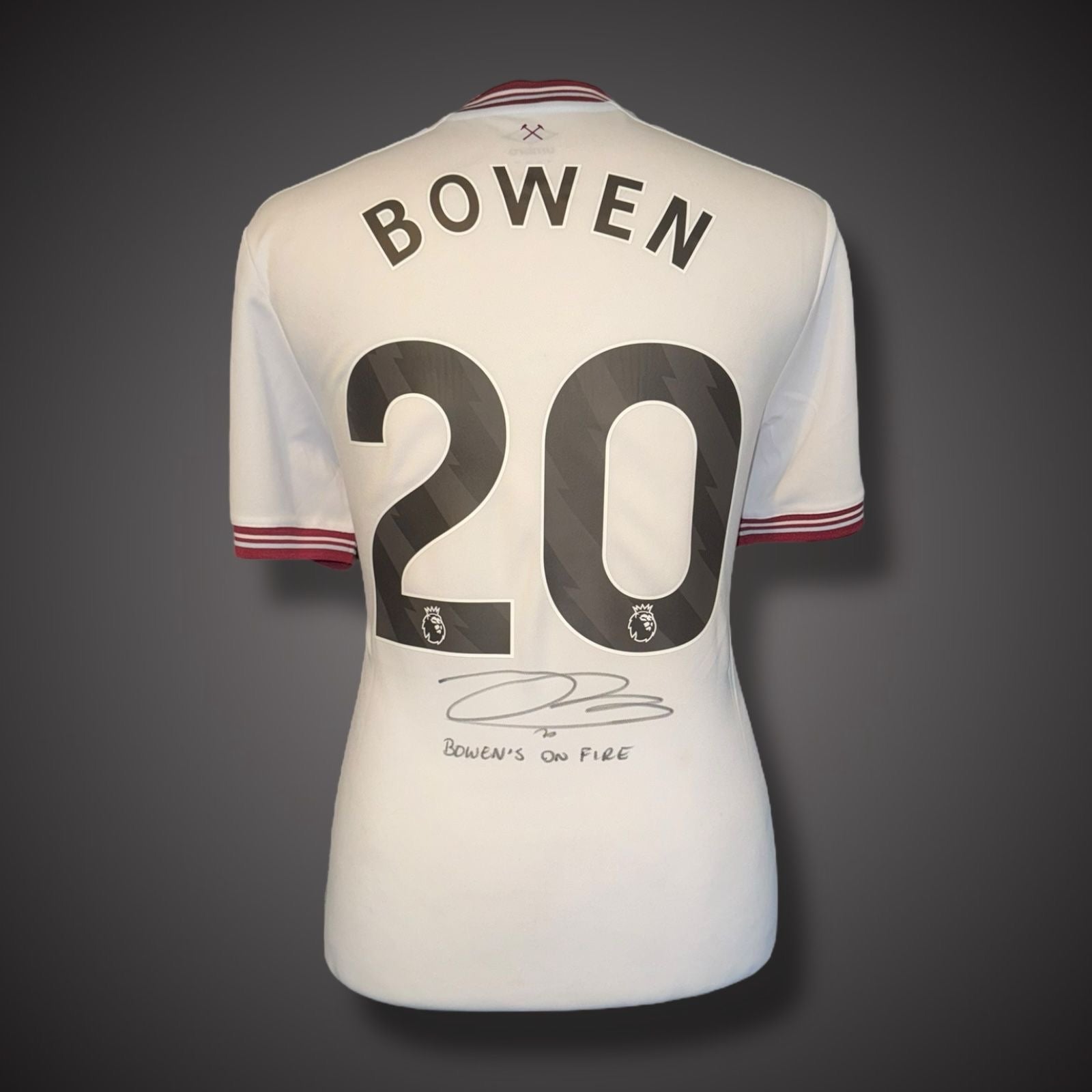 TheGeoffHurst's tweet card. Own a piece of football history with this hand-signed West Ham football shirt by Jarrod Bowen. This shirt features the signature of the Premiership player and is accompanied by a COA for authentici...