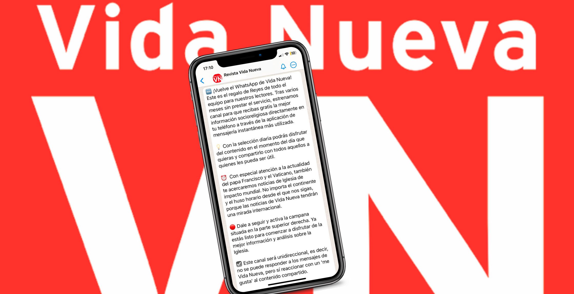 Revista_VN's tweet card. Recibe gratis en tu móvil las mejores noticias socioreligiosas con el canal de WhatsApp de Vida Nueva. Noticias de actualidad socioreligiosa