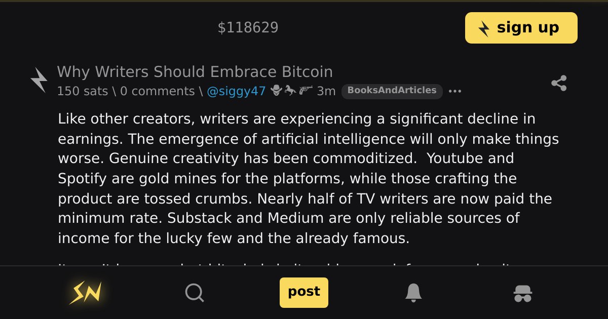stacker_news's tweet card. Like other creators, writers are experiencing a significant decline in earnings. The emergence of artificial intelligence will only make things worse. Genuine creativity has been commoditized....