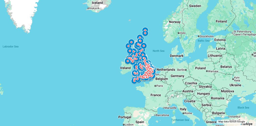 fathoms_deep's tweet card. Dots: RAF blue, USAAF yellow. RAF/USAAF green and tiny red for the alphabetical list. Tick/untick to see/hide layers.