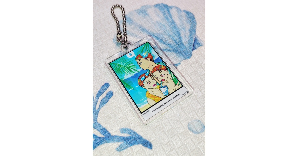 pe_ryu's tweet card. サマーバケーション中のコナー君からハンクへお便りが届きました。3人で仲良く遊んでいるみたいです。今度はハンクとスモウも一緒に行きましょうね！ オマケでシールが3枚つきます。手作業で切っているためにたいへんいびつです。ご了承ください。