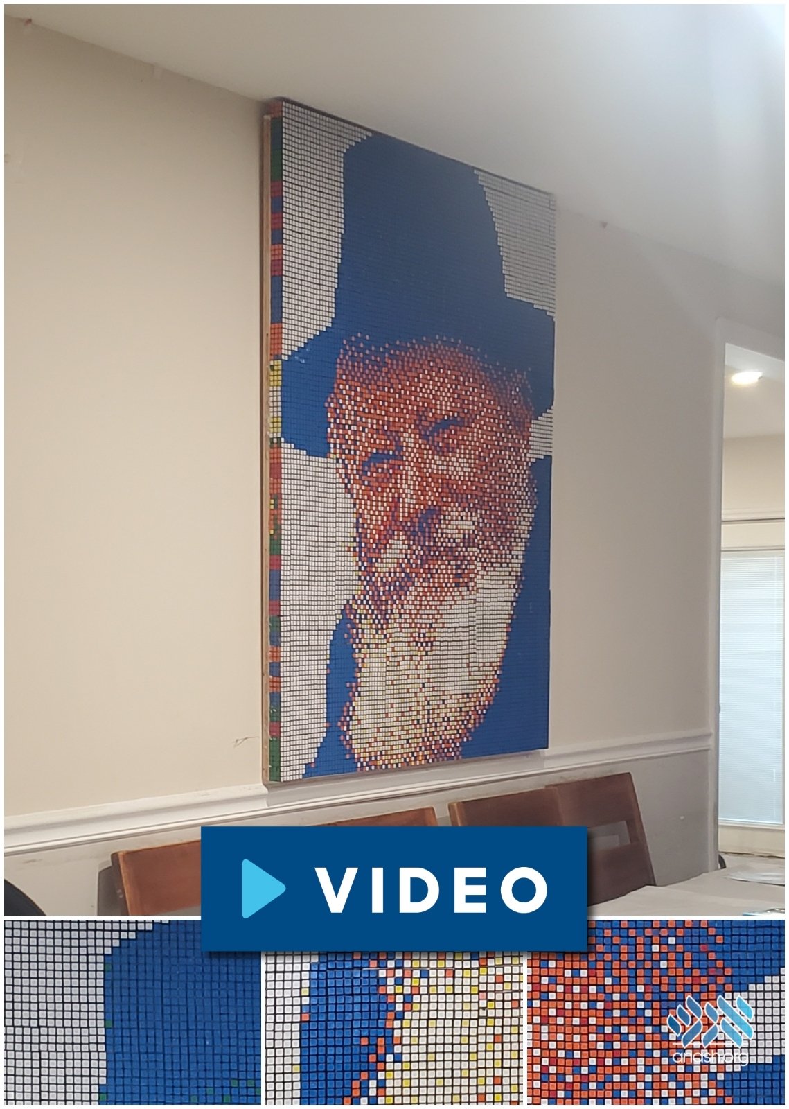 AnashOrgNews's tweet card. Three siblings, ages 14, 16, and 19, spent ten hours creating a breathtaking image of the Rebbe using 1,540 Rubik’s cubes. The finished masterpiece stands nearly 4½ feet tall, 3½ feet wide, weighs...