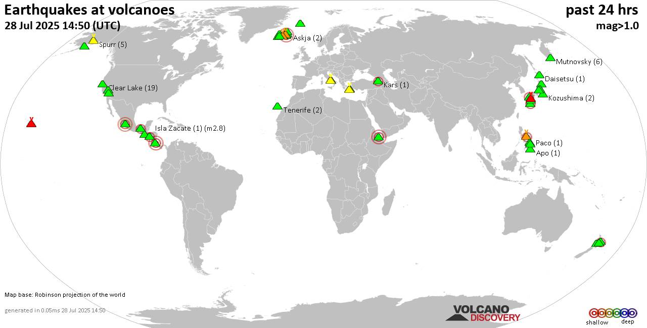 volcanodiscover's tweet card. Volcano Earthquake Report: continuously updated map and list of shallow earthquakes near active volcanoes world-wide during 24 hours