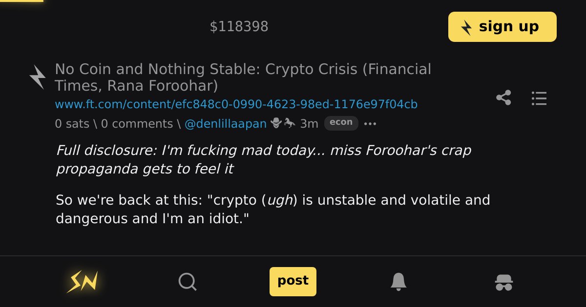 stacker_news's tweet card. Full disclosure: I'm fucking mad today... miss Foroohar's crap propaganda gets to feel it So we're back at this: "crypto (ugh) is unstable and volatile and dangerous and I'm an idiot." Tldr: confus...