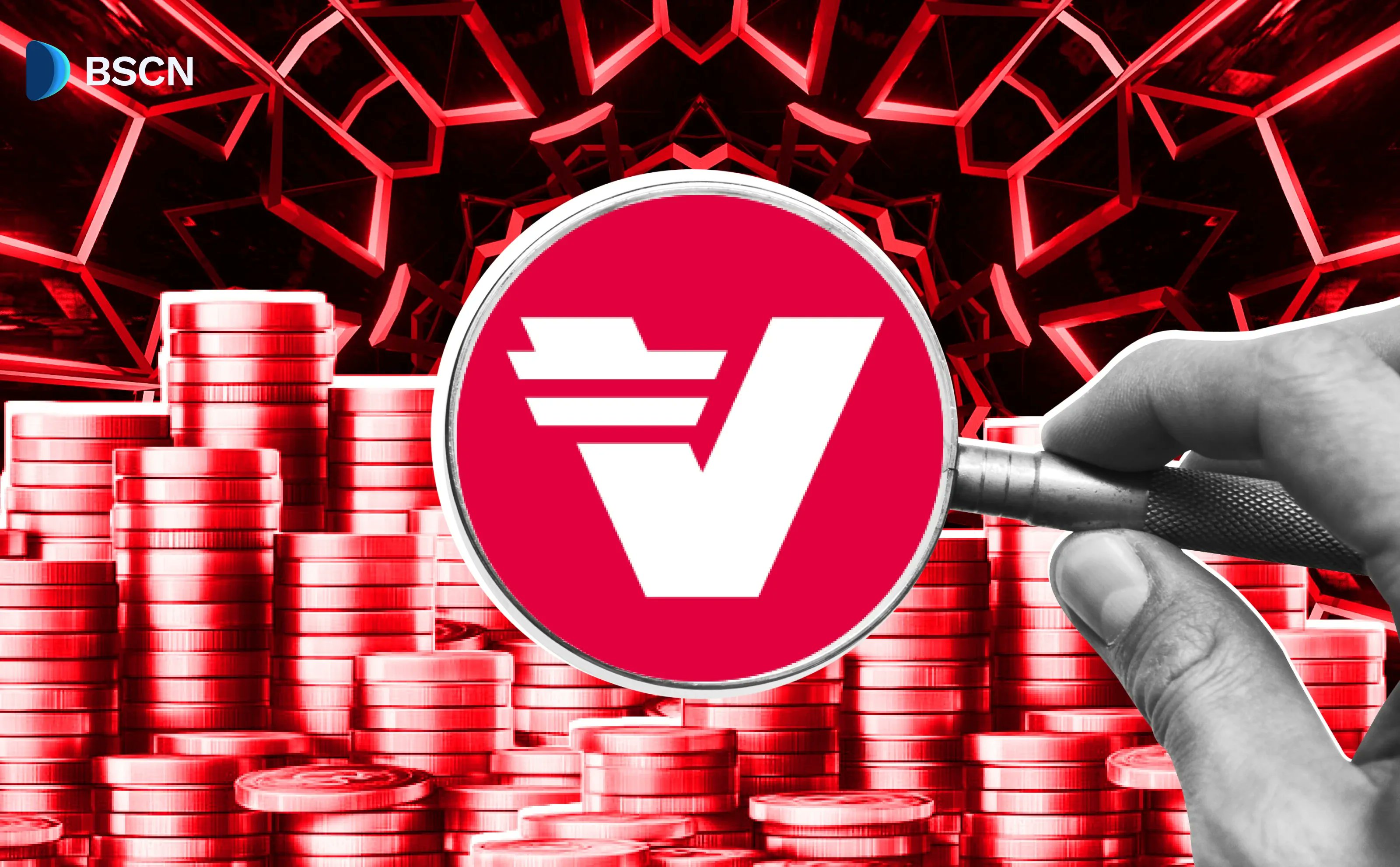 Verasity VRA token with a magnifying glass over stacks of coins