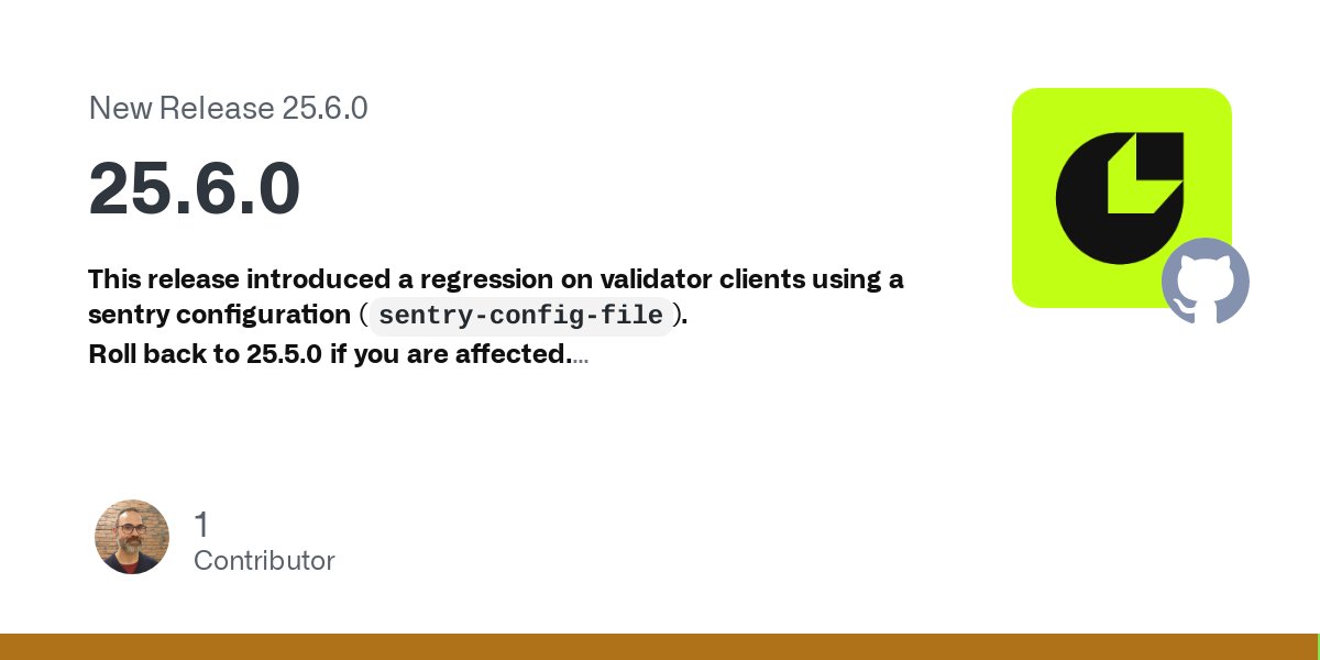 Teku_Consensys's tweet card. This release introduced a regression on validator clients using a sentry configuration (sentry-config-file). Roll back to 25.5.0 if you are affected. This is a recommended update containing bug fix...