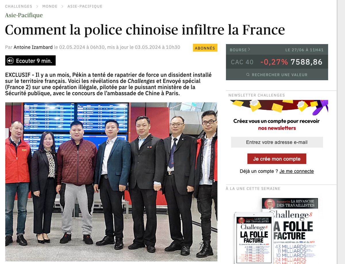 SDJFranceTV's tweet card. Challenges dénonce les menaces ciblant des journalistes, suite à un reportage sur l’ingérence de la police chinoise en France. Lire la tribune de la direction de la rédaction de Challenges et du...