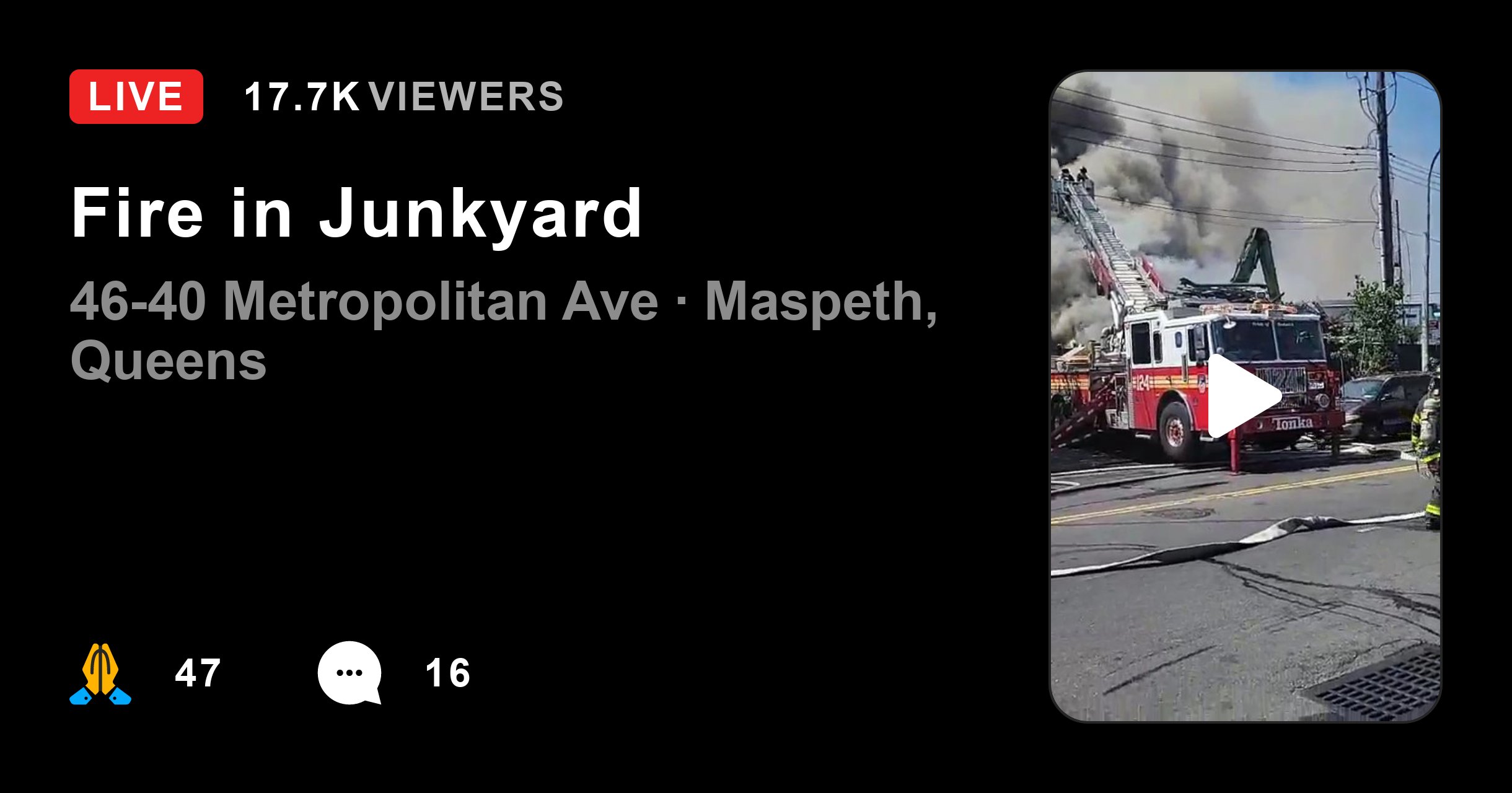 ScottLaPrade's tweet card. Firefighters are coordinating with medical teams at a staging area near the junkyard fire, with no reported injuries.