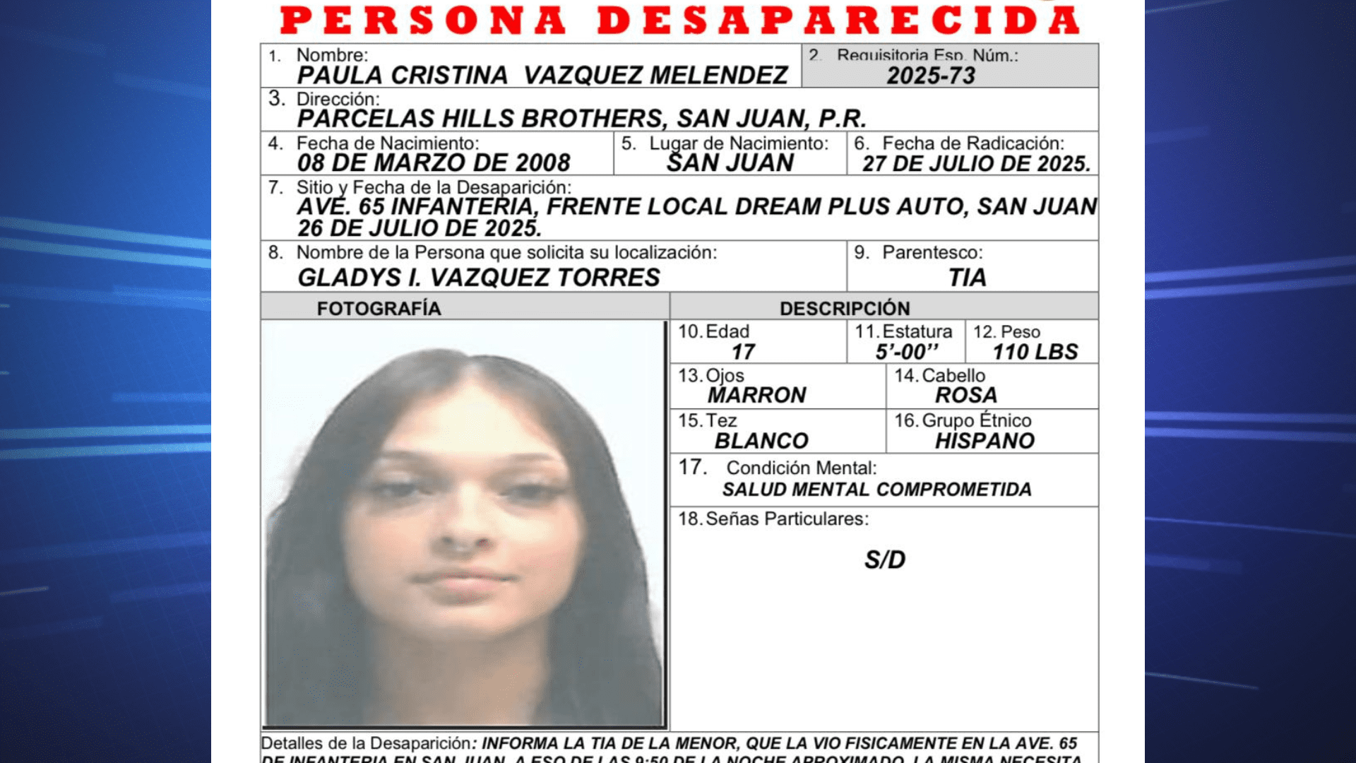 tele11PR's tweet card. Las autoridades de San Juan solicitaron la colaboración ciudadana para localizar a Paula Cristina Vázquez Meléndez, una joven de 17 años desaparecida desde ...