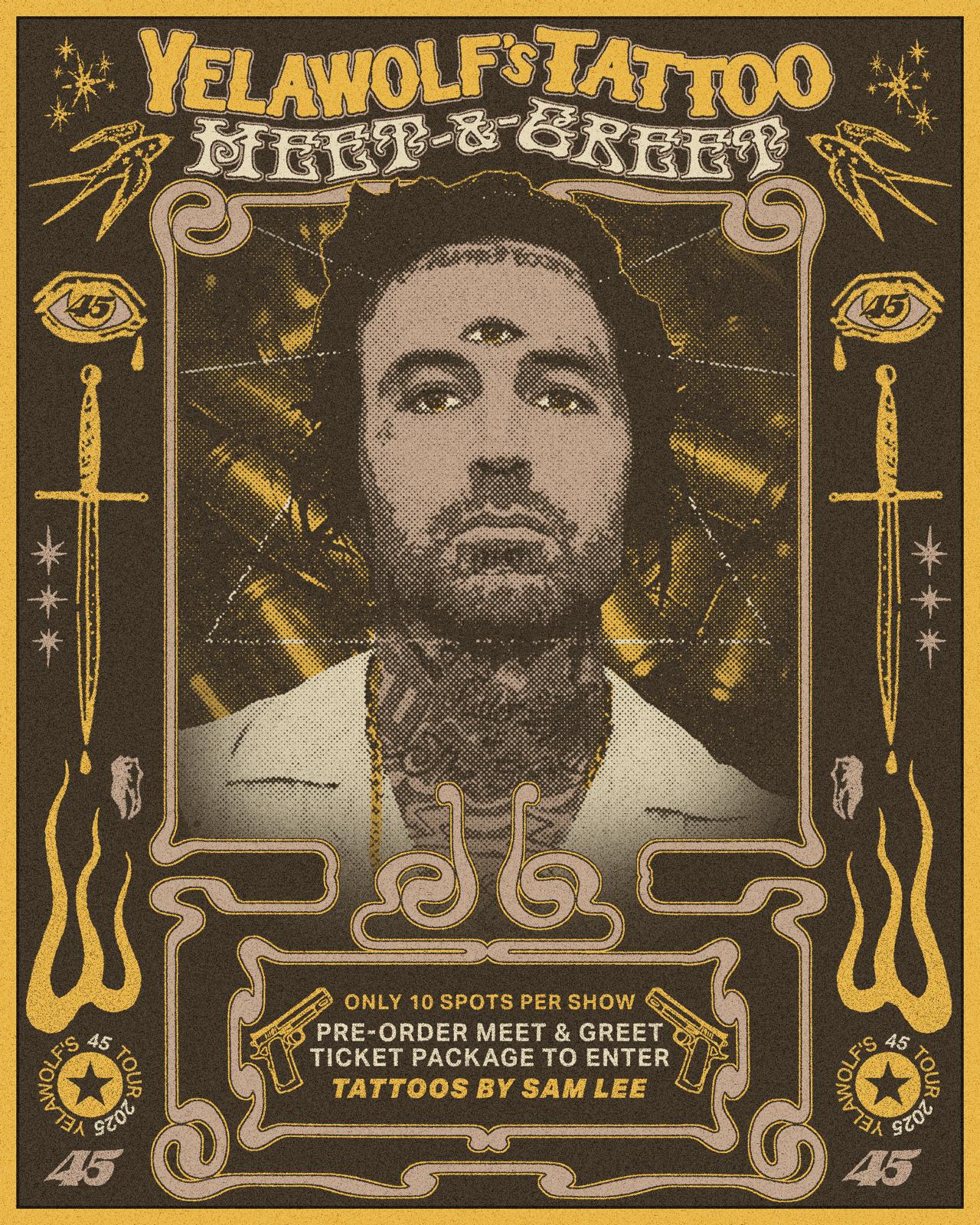 MrEvilMark's tweet card. Yelawolf's Meet & Greet Tickets with Tattoo provided by renowned tattoo artist Sam Lee. A unique and exclusive Meet & Greet experience. Includes: - Meet and hang out with Yelawolf before the show. -...