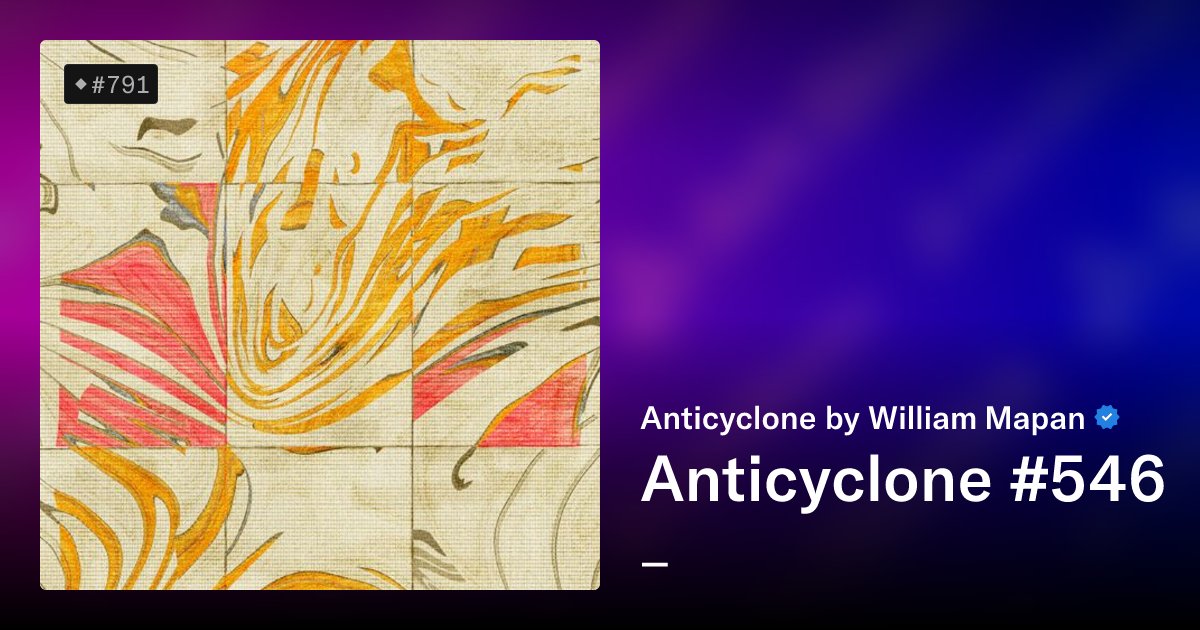 ArtBlocksBot's tweet card. Art Blocks Collection: Curated Heritage Art Blocks Collection: Curated series 7 Project Description: Anticyclones are a weather phenomena. They pierce through darkness to instill peace and calm....
