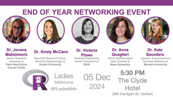 RLadiesMelb's tweet card. Please join us on Thursday 05th December 2024 on the **rooftop** at The Clyde Hotel in Carlton from 5.30pm. This is a networking catch-up with some light refreshments and w