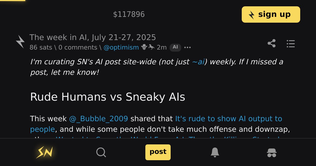 stacker_news's tweet card. I'm curating SN's AI post site-wide (not just ~ai) weekly. If I missed a post, let me know! Rude Humans vs Sneaky AIs This week @_Bubble_2009 shared that It's rude to show AI output to people, and...