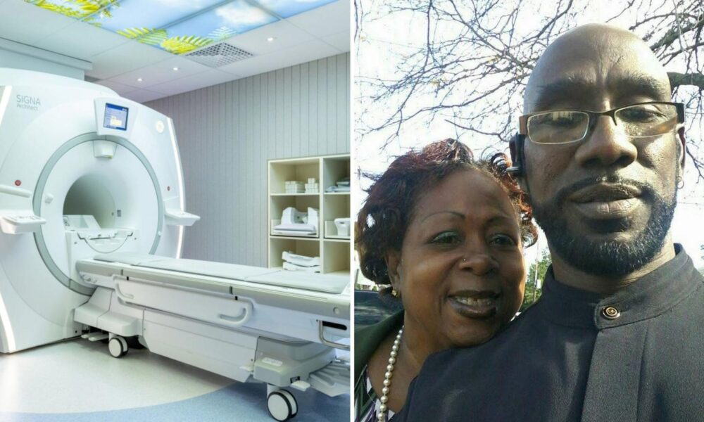 iHorrorNews's tweet card. A man was tragically sucked into an MRI machine while his wife was getting scanned in the active chamber last Thursday. It was a tragic freak accident that should have been prevented.  Keith McAlli...