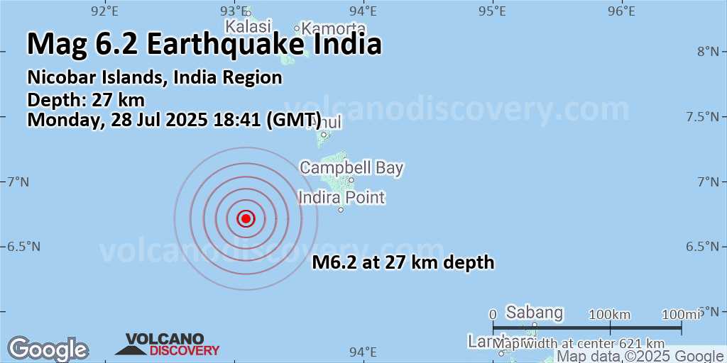 volcanodiscover's tweet card. Detailed info, map, data, reports, updates about this earthquake: Very strong mag. 6.2 earthquake - Nicobar Islands, India Region, on Monday, Jul 28, 2025, at 06:41 pm (Universal Time) -