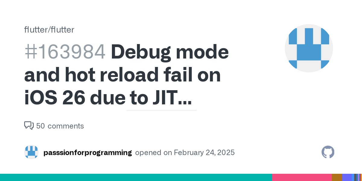 albert_wolszon's tweet card. Workarounds ImportantiOS 26 beta 1 breaks Flutter's debug mode on physical devices. If you have upgraded your device to 26 beta 1, please use the simulator until the issue is resolved, or downg...