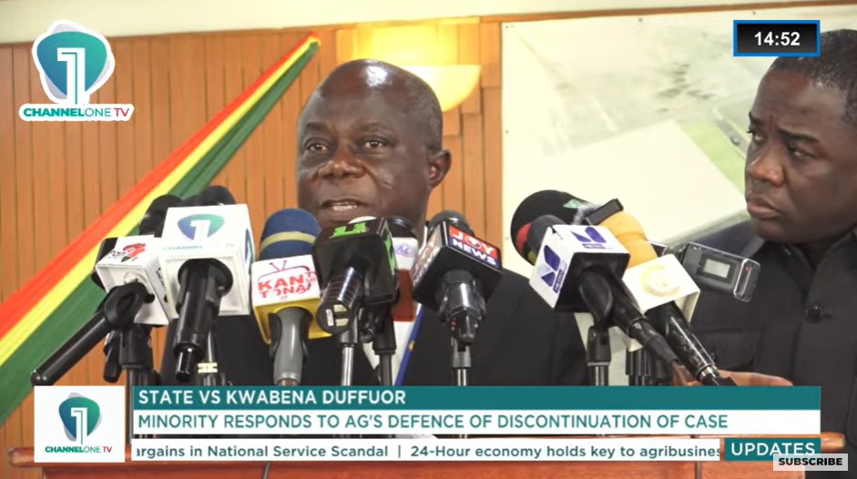 Channel1TVGHA's tweet card. The Minority in Parliament is demanding full disclosure from Attorney General and Minister for Justice, Dr. Dominic Ayine, following his justification for