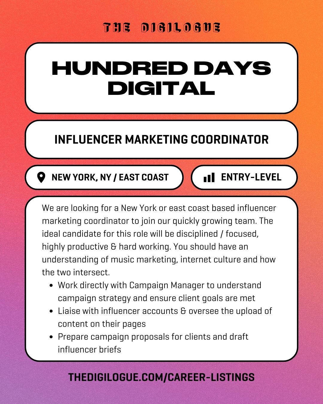 thedigilogue's tweet card. #MusicCareerMonday Join The Digilogue Directory and sign up for our weekly newsletter to receive Music Industry Top-10 Hot Jobs and more to help land your music industry dream job. ~Hot Jobs~ Hundred...
