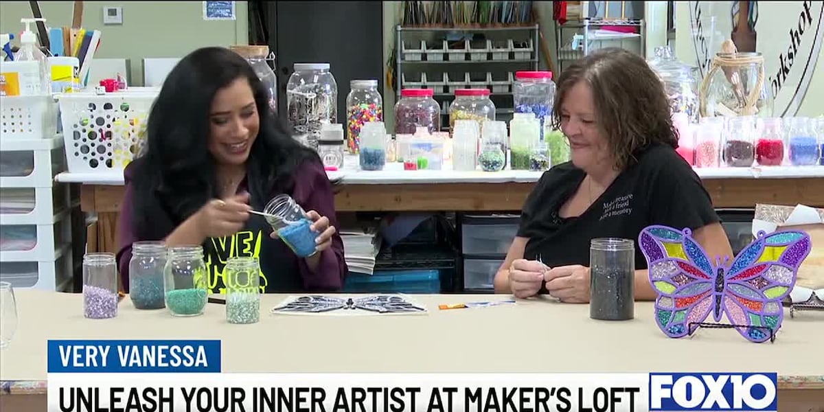 FOX10News's tweet card. Vanessa dives into full creative mode and makes a faux stained glass suncatcher at Maker's Loft.