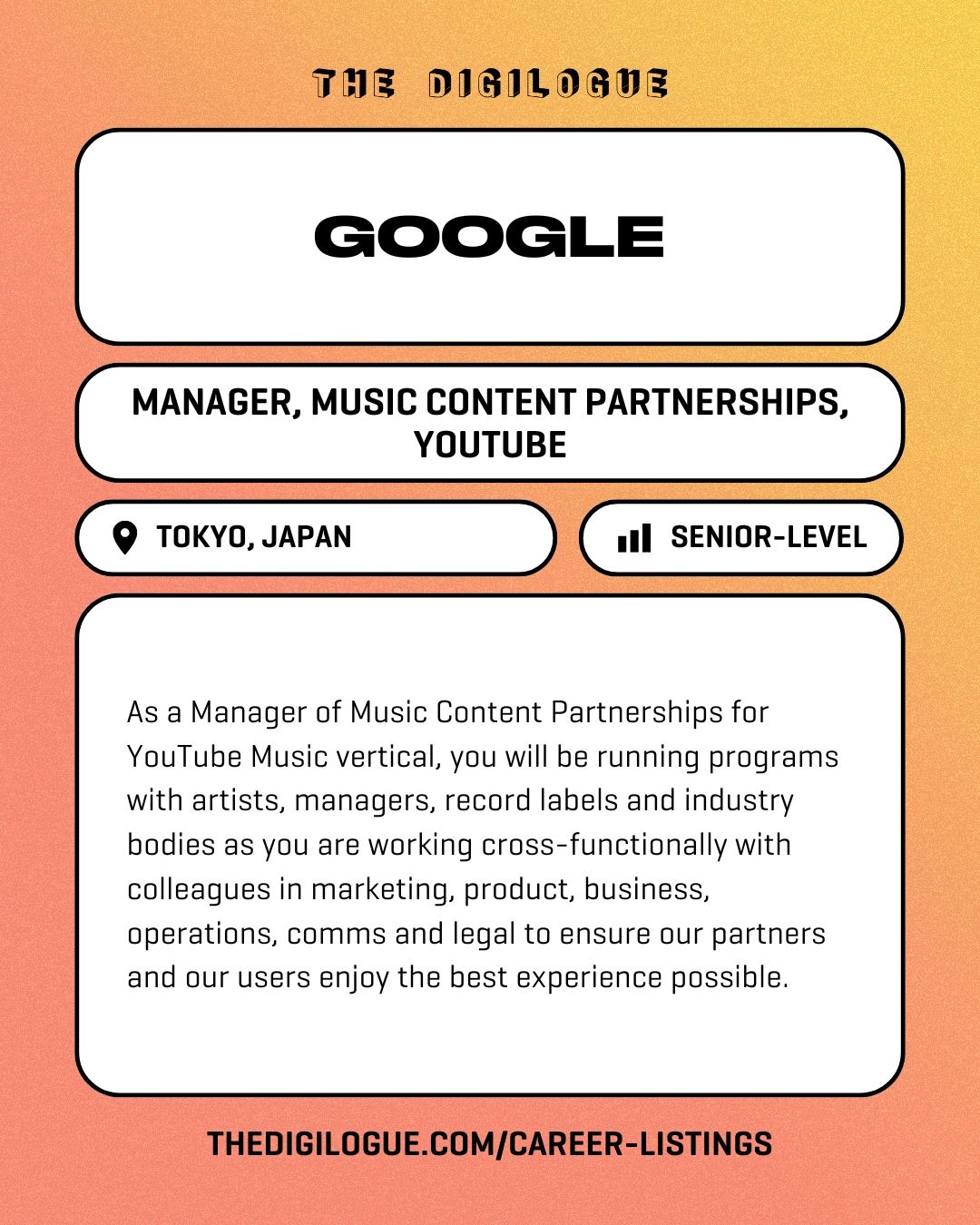thedigilogue's tweet card. #MusicCareerMonday Join The Digilogue Directory and sign up for our weekly newsletter to receive Music Industry Top-10 Hot Jobs and more to help land your music industry dream job. ~Hot Jobs~ Google...