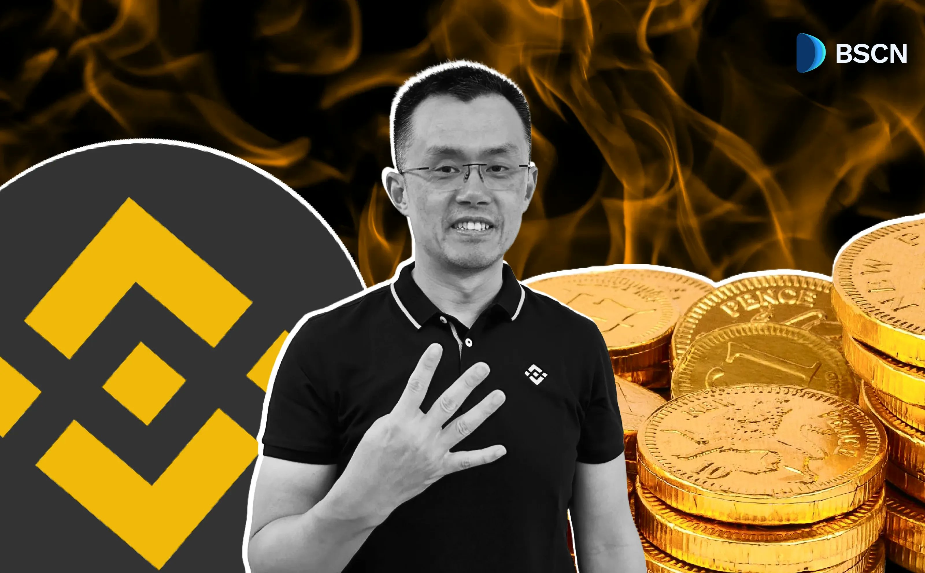 赵长鹏与币安和BNB链标志及金币