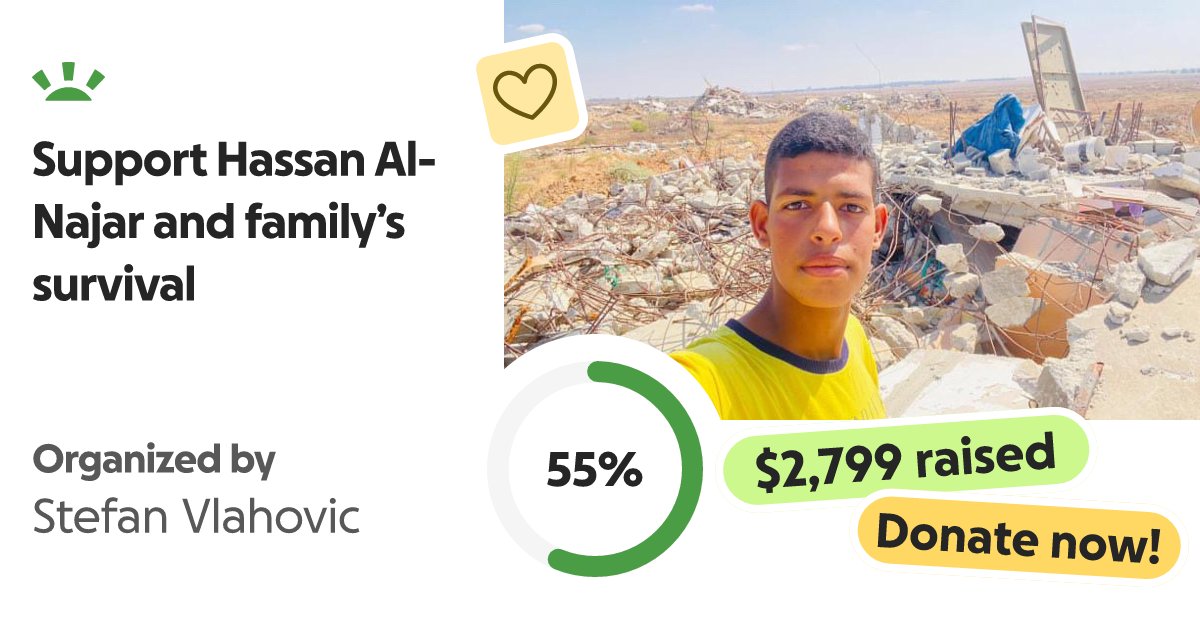 iamtired89's tweet card. My name is Stef from Pennsylvania, USA. I am raising money for my friend… Stefan Vlahovic needs your support for Support Hassan Al-Najar and family’s survival