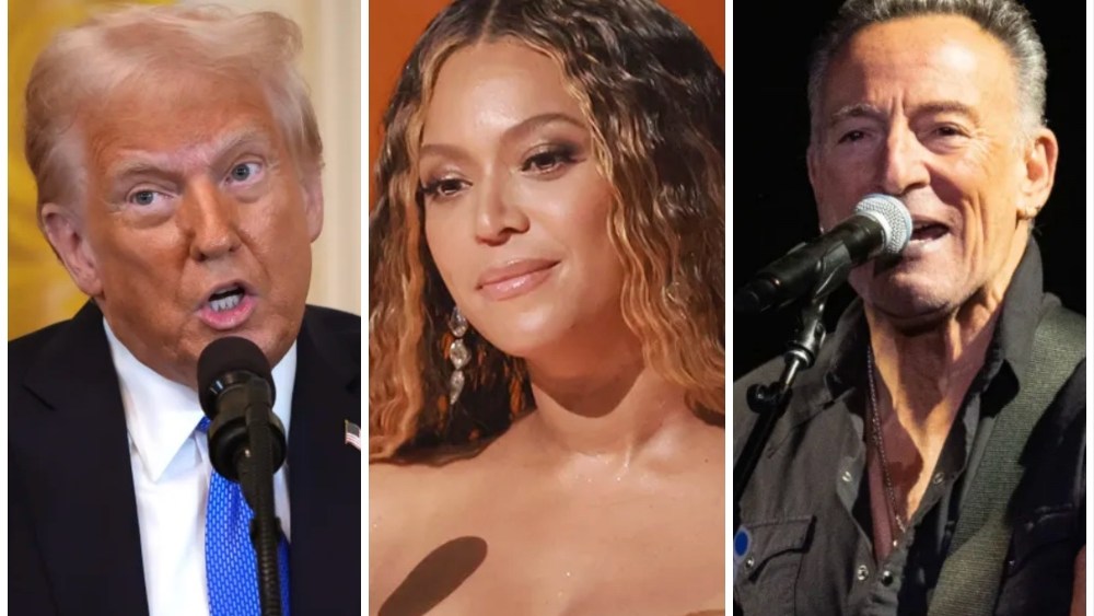 jonburlingame's tweet card. President Trump has demanded 'major investigations' into Bruce Springsteen, Beyoncé, Bono and Oprah Winfrey for their support of Kamala Harris.