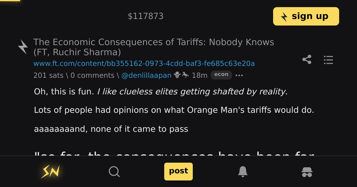 stacker_news's tweet card. Oh, this is fun. I like clueless elites getting shafted by reality. Lots of people had opinions on what Orange Man's tariffs would do. aaaaaaaand, none of it came to pass "so far, the consequences...