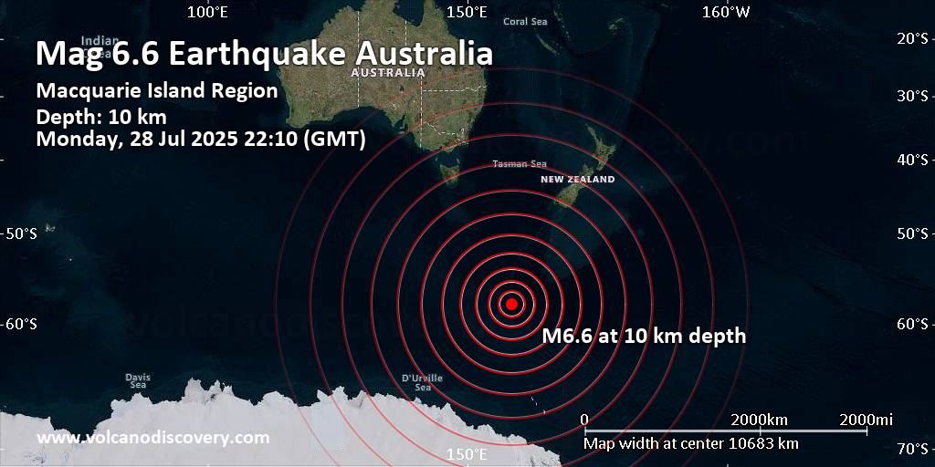 volcanodiscover's tweet card. Detailed info, map, data, reports, updates about this earthquake: Very strong mag. 6.6 earthquake - Macquarie Island Region on Monday, Jul 28, 2025, at 10:10 pm (Universal Time) -