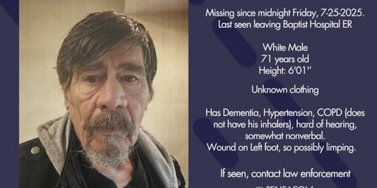 FOX10News's tweet card. Pensacola Police said thy are looking for a man who went missing from Baptist Hospital ER on Friday, July 25.