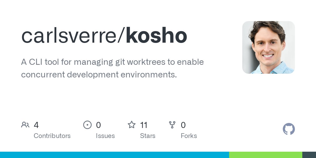 carlsverre's tweet card. A CLI tool for managing git worktrees to enable concurrent development environments. - carlsverre/kosho