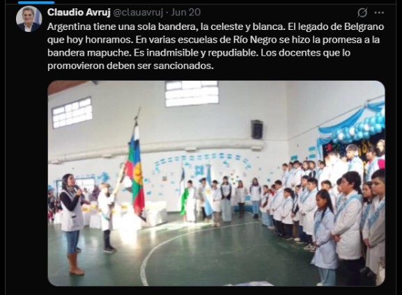 Infoterritorial's tweet card. REPUDIO A LOS DICHOS DE CLAUDIO AVRUJ, PRESIDENTE DEL INAI SOBRE LA PRESENTACIÓN DE LA WUENU FOYE EN LAS ESCUELAS DE RÍO NEGRO