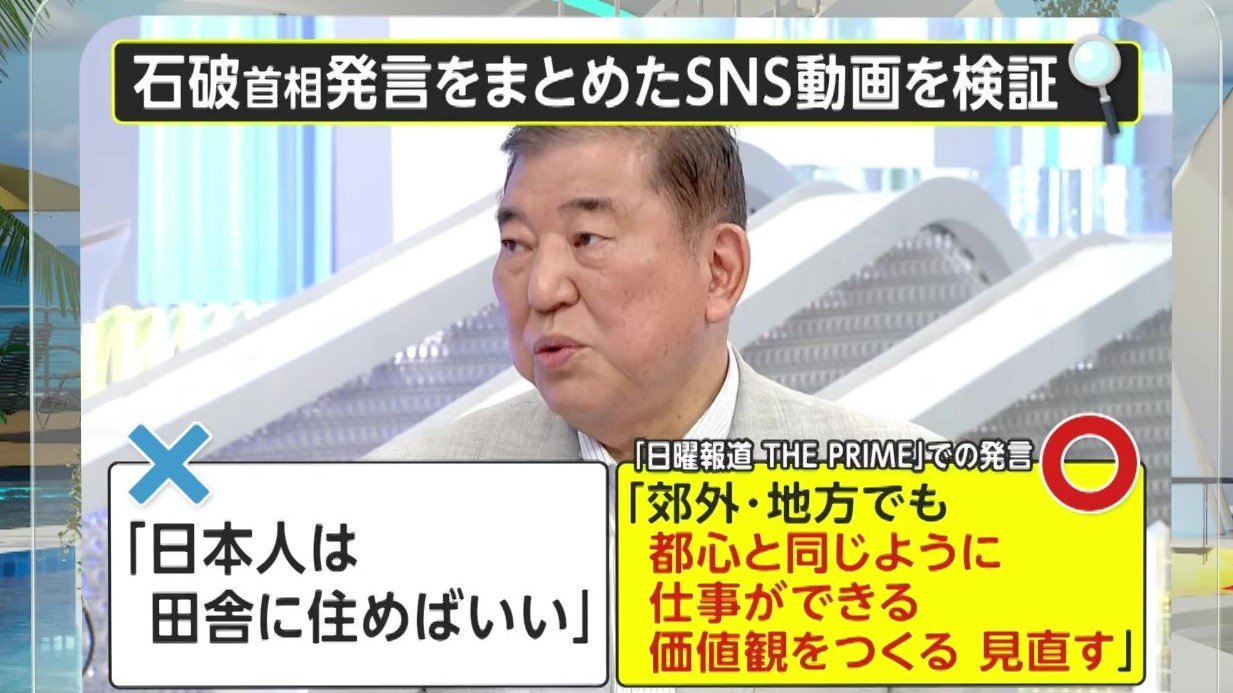 BlancSol0126's tweet card. 石破首相が6日のフジテレビ「日曜報道 THE PRIME」での党首生討論に出演した際に、外国人の不動産取得規制に関連して都市と地方の居住について発言した内容を曲解した動画がネット上に掲載されている。