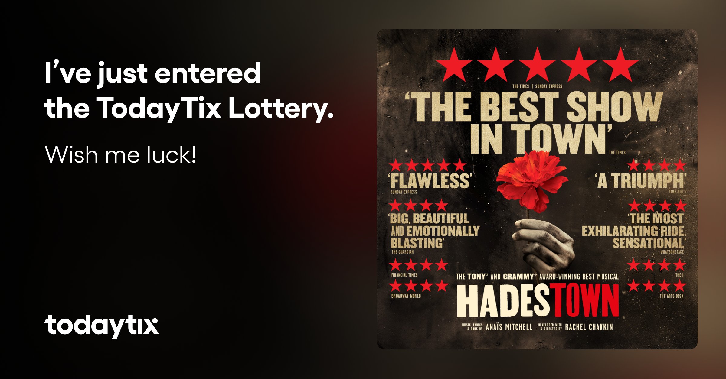 jack_hogg's tweet card. Get the best prices on tickets for Hadestown in London on TodayTix. The 8-time Tony Award-winning musical continues to thrill West End audiences.