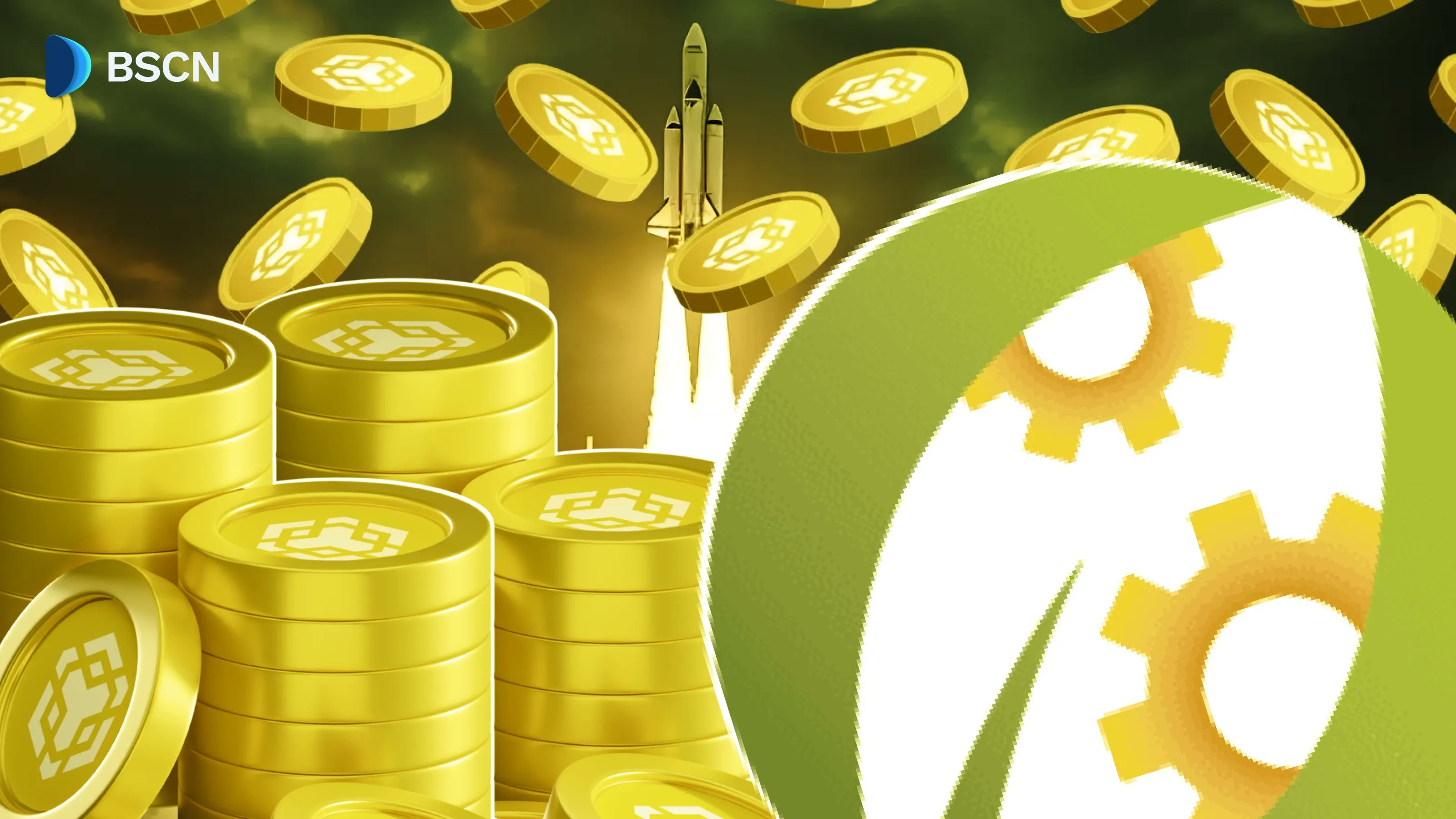 BNB 체인 투자를 상징하는 황금 동전과 로켓 이미지