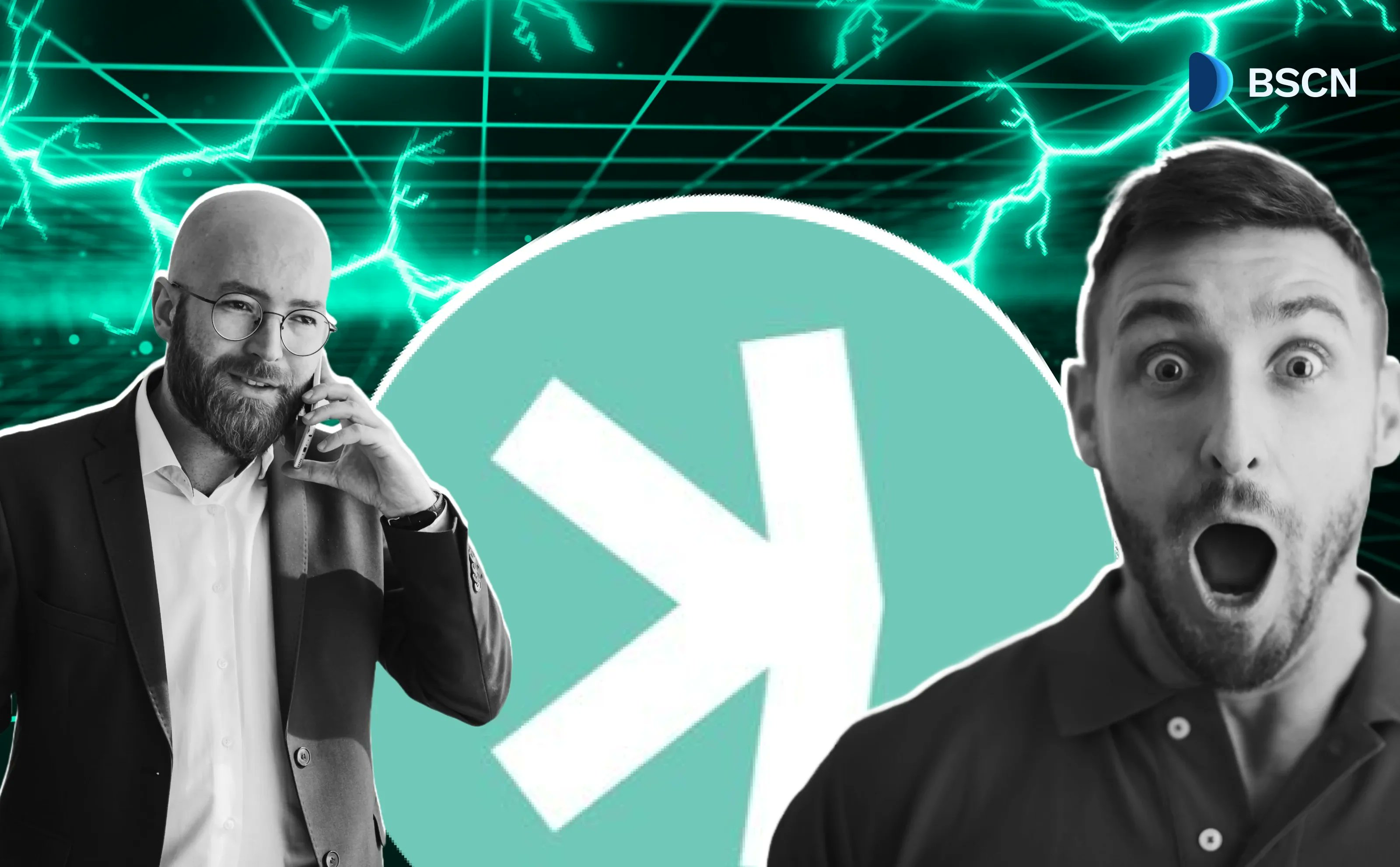 Kasia messaging app on Kaspa blockchain featuring a man on a call and a surprised expression