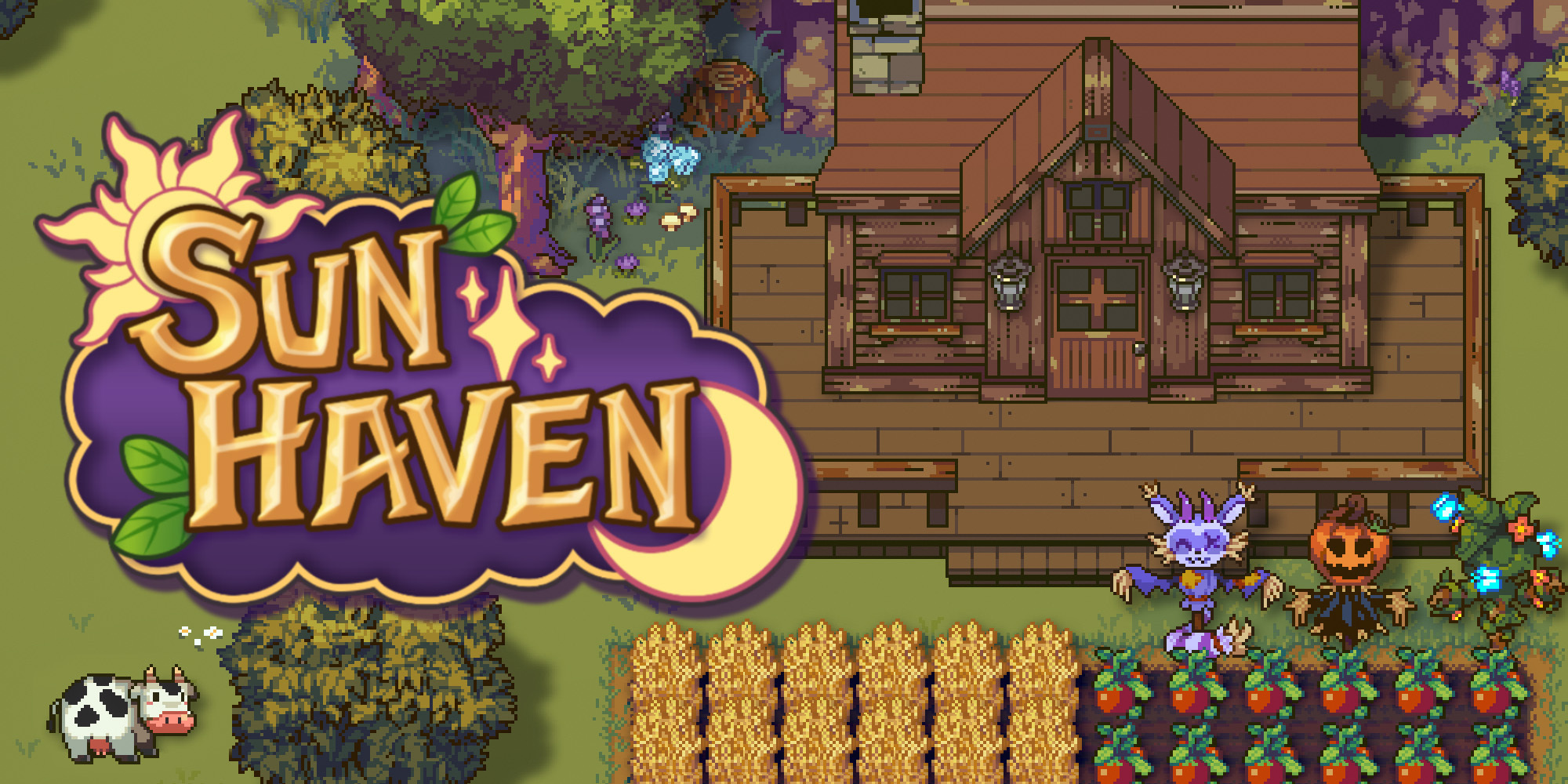 SunHavenRPG's tweet card. Discover four incredible lands, three farms to tend to, and an epic story to save the town of Sun Haven.