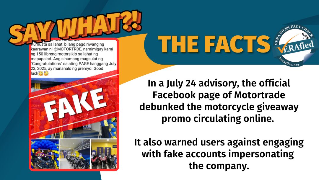 verafiles's tweet card. Several bogus FB pages are circulating posts about a supposed motorcycle giveaway from Motortrade. This is fake.
