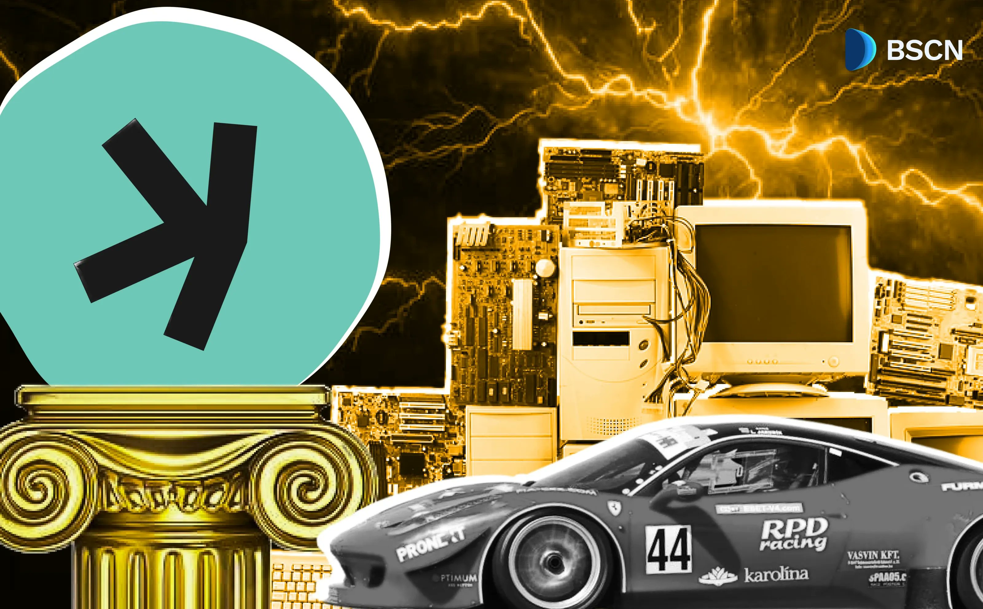 Kaspa cryptocurrency featuring a race car, computers, and logo