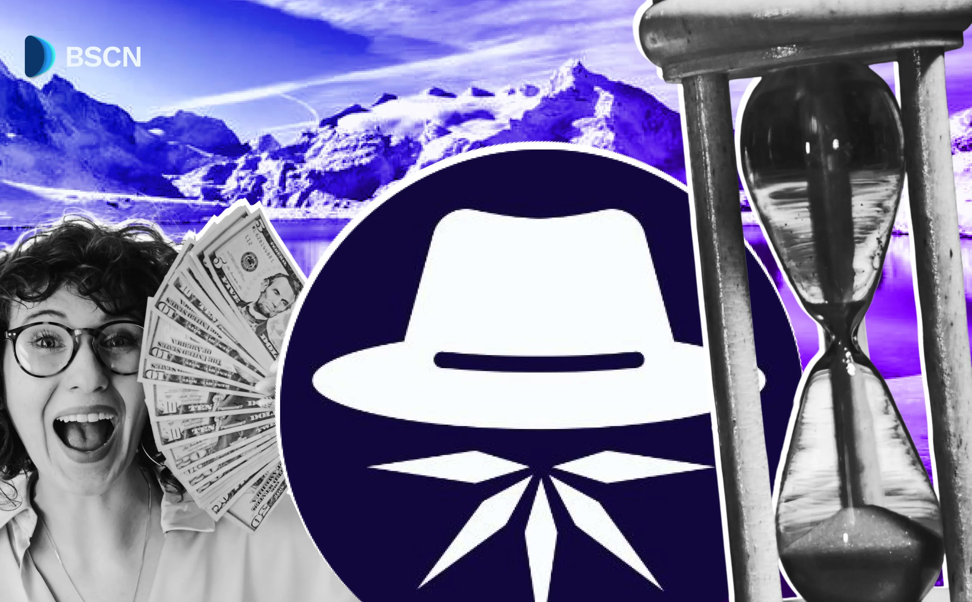 ION Latest News Update featuring Ice Open Network developments with money, a hat, and hourglass imagery