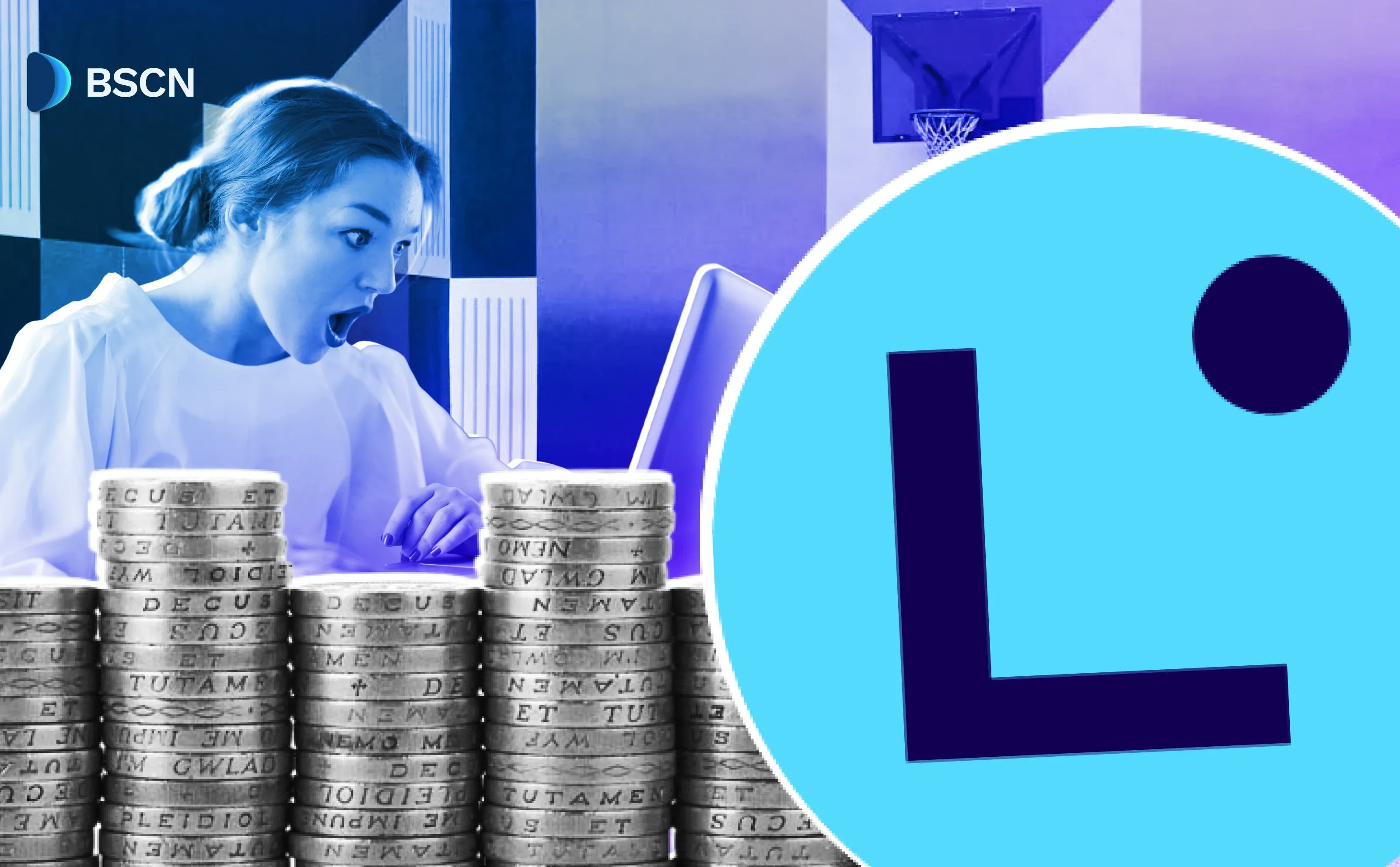 Linea 代币经济学公告图片，桌上有一堆硬币和一位惊讶的人