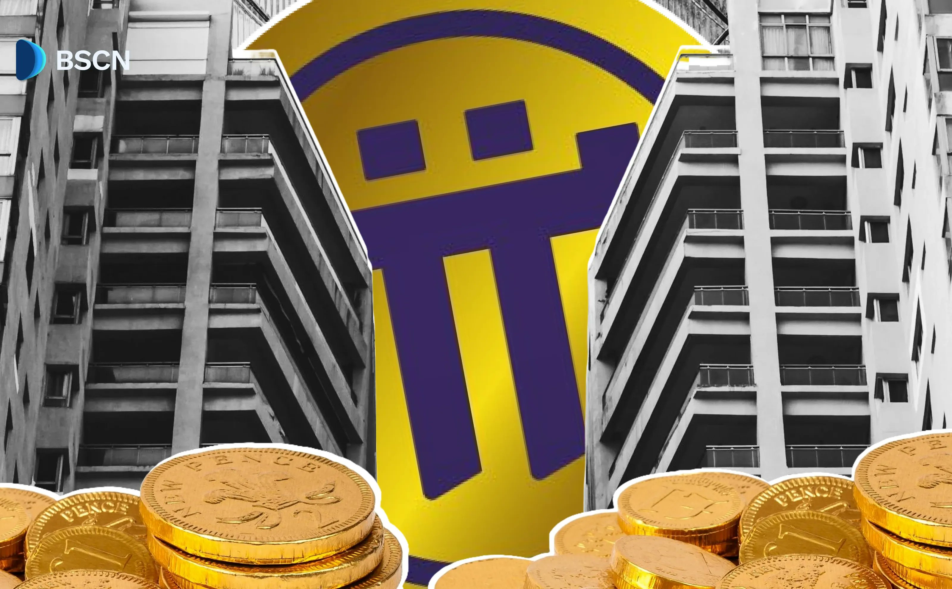 Pi Coin标志高耸在建筑物和金币之上