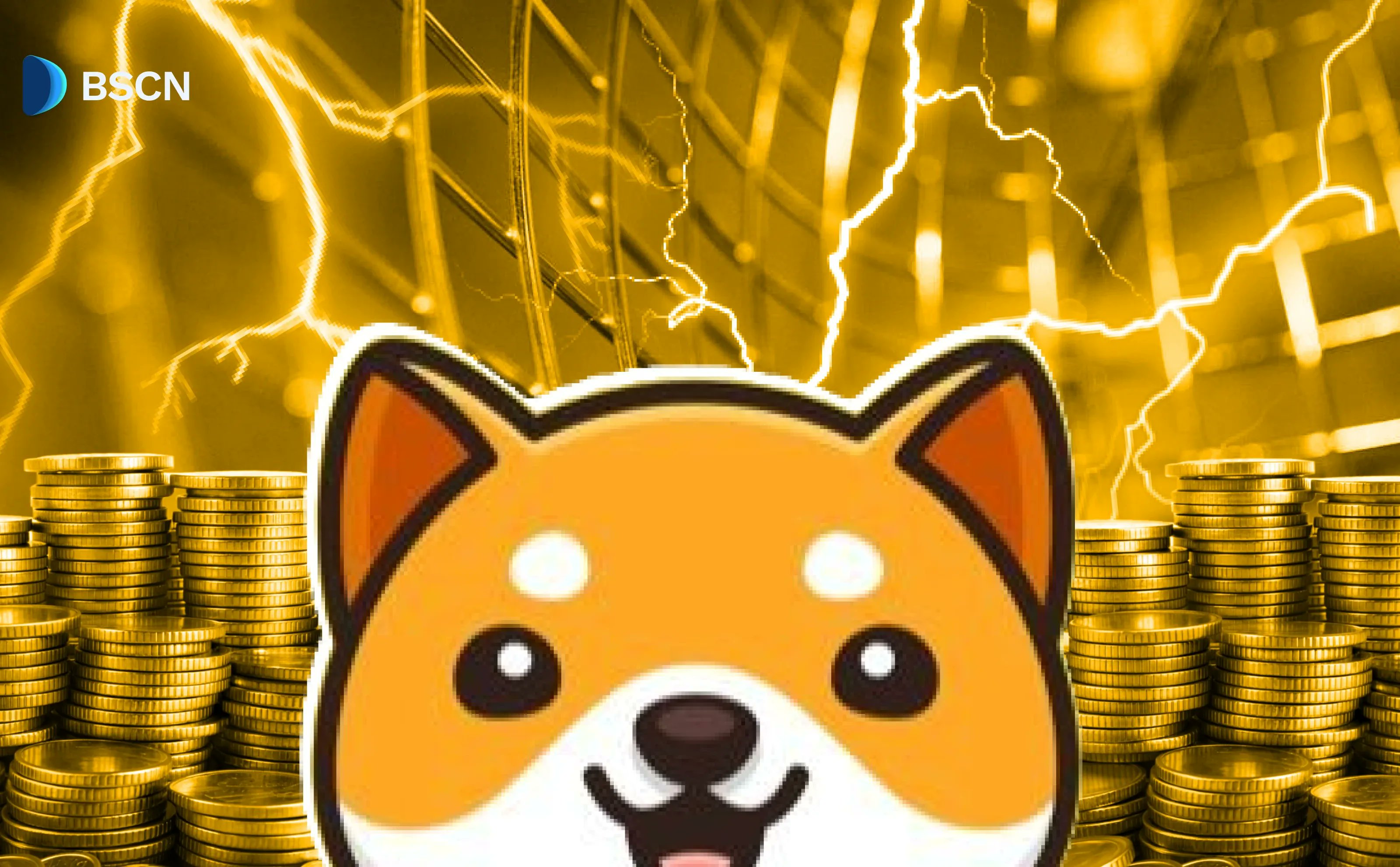 BabyDogeコインと金貨、稲妻を背景にした画像