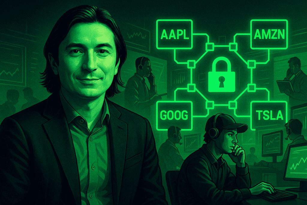 Illustration of a financial analyst in a high-tech trading room with crypto symbols like AAPL, AMZN, GOOG, and TSLA