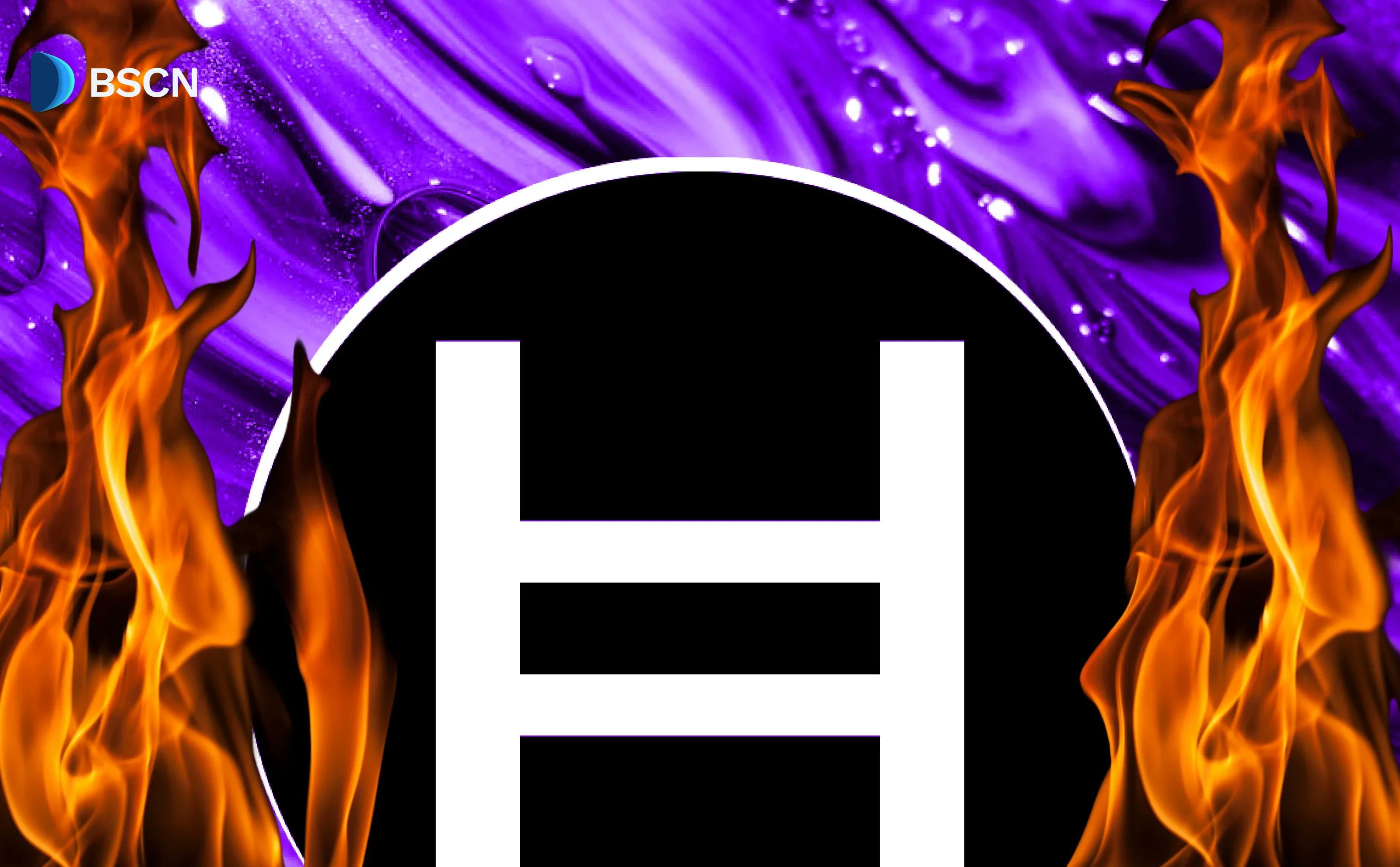 炎の紫色の背景に囲まれたHederaの$HBARロゴ