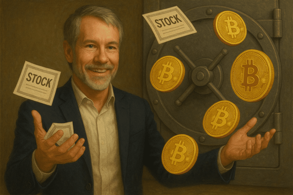 Michael Saylor with Bitcoin and Stock certificates in front of a vault